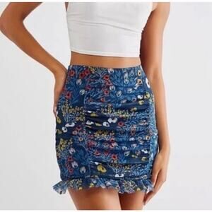 Free People Romi Blue Mesh Floral‎ Print Mini Skirt Size XS Ruffle Hem